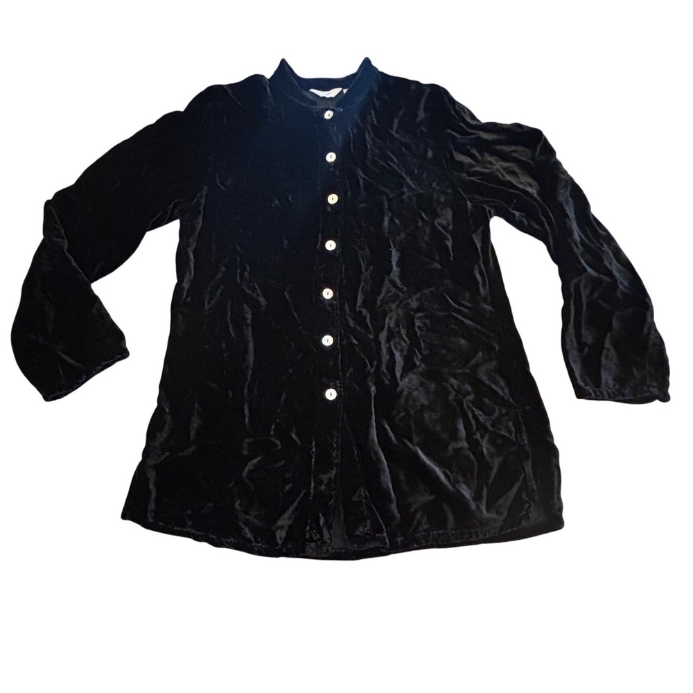 J. Jill Black Rayon Velvet Button Down Tunic Top Mandarin Collar Pintuck Small